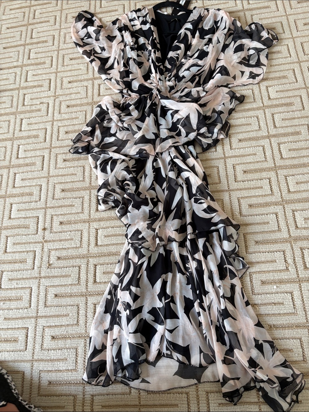 Nina Ricci Black & Blush Floral Ruffle Maxi Dress